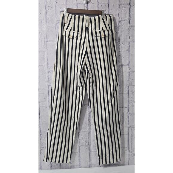 Polo Ralph Lauren Striped Black Cream High Rise Cotton Pants Size 4 Belt Pockets - Picture 2 of 9